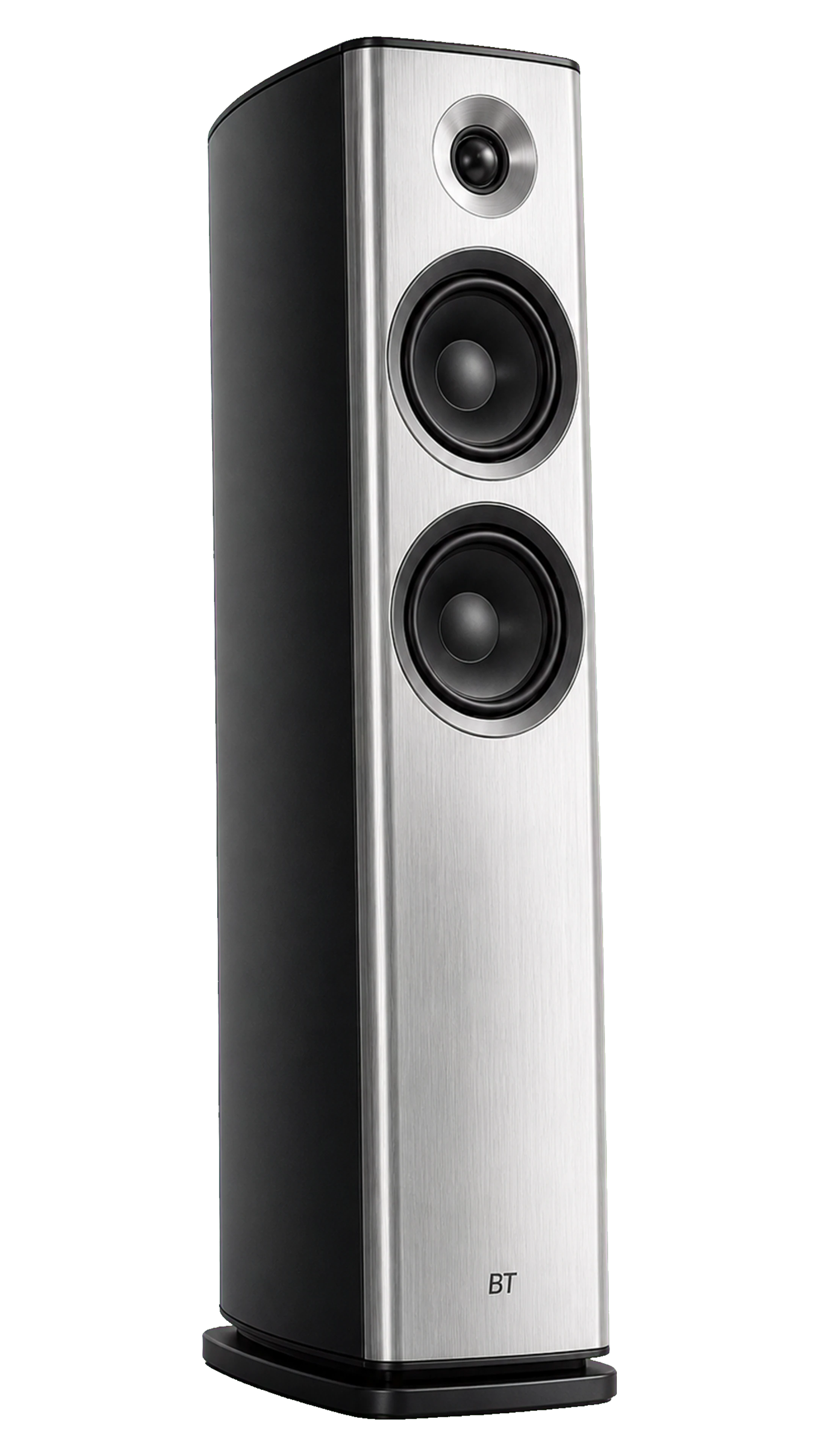 Flagship brushed silver floor-standing speaker